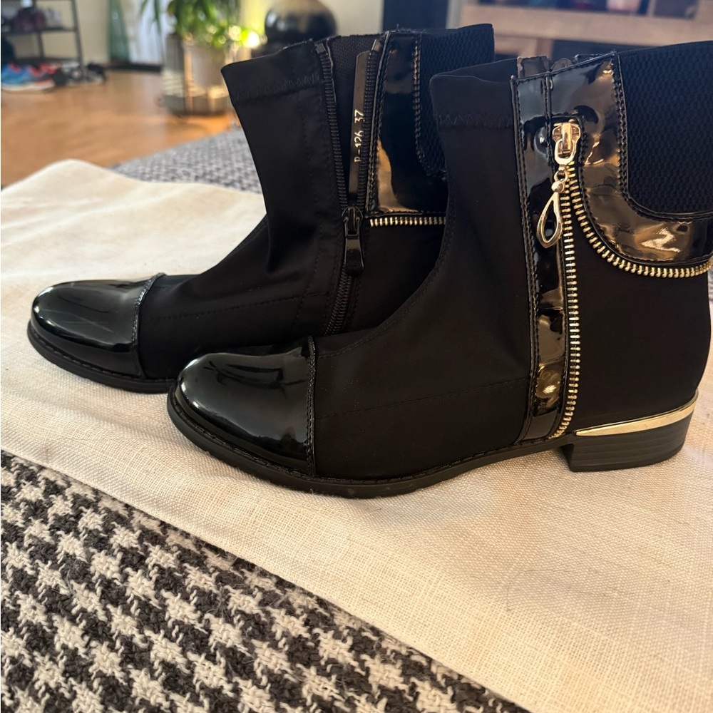 Black Ankle Boots with Gold Accents and Chunky Heel